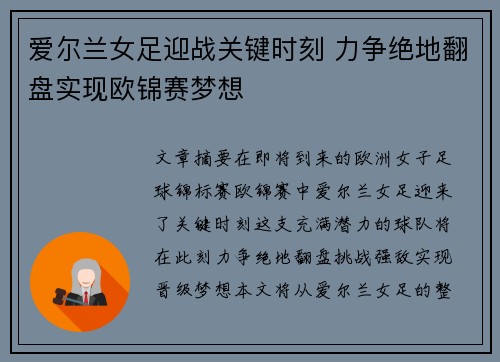 爱尔兰女足迎战关键时刻 力争绝地翻盘实现欧锦赛梦想