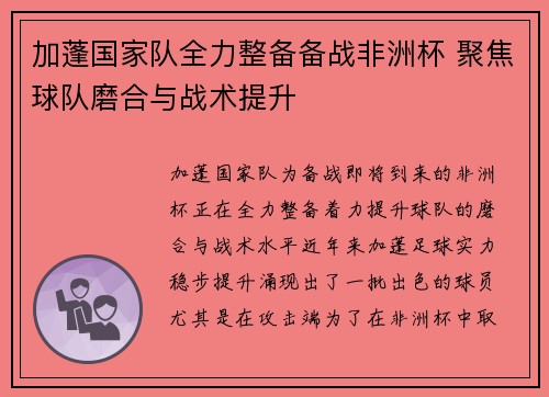 加蓬国家队全力整备备战非洲杯 聚焦球队磨合与战术提升