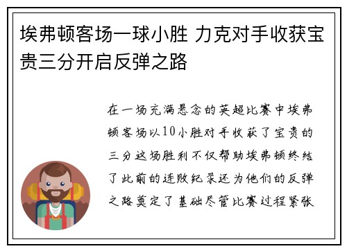 埃弗顿客场一球小胜 力克对手收获宝贵三分开启反弹之路